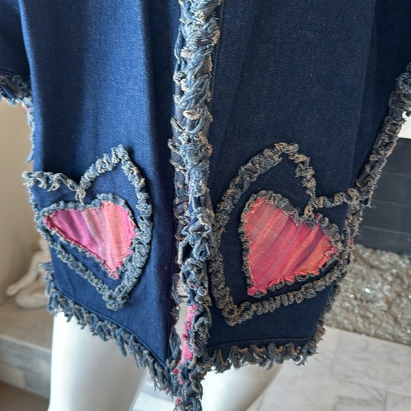 Unique Blue Denim Fringe Pink Heart Pocket Open Jacket OS - Picture 3 of 7